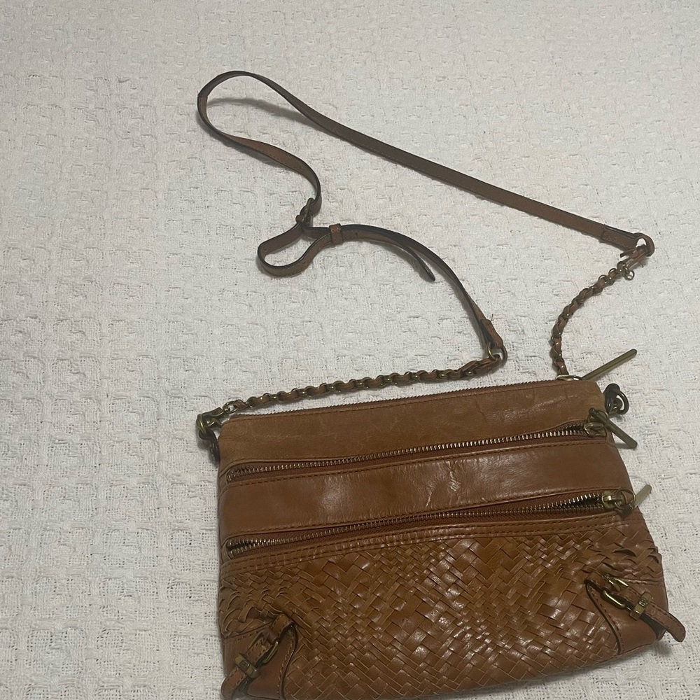 Elliott Lucca Brown/‎ Tan Leather Woven Crossbody Bag